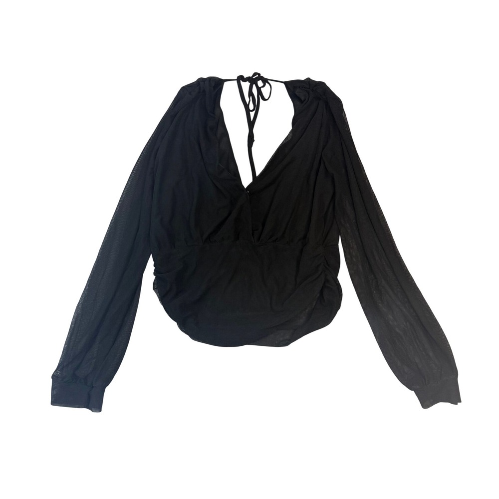 Black Sheer Mesh Long Sleeve Plunging V-Neck Ruched Backless Tie Top Style 5924